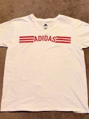 adidas White Short-Sleeve V-Neck Tee with Red Logo Stripes